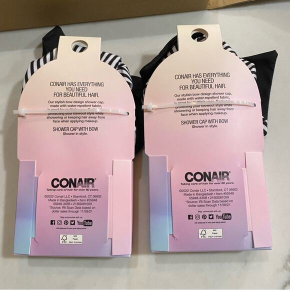 Conair Shower Cap 2 pc bundle Comfy & Dry Full Size Bow Shower Cap Stripe #55948 - Picture 2 of 2
